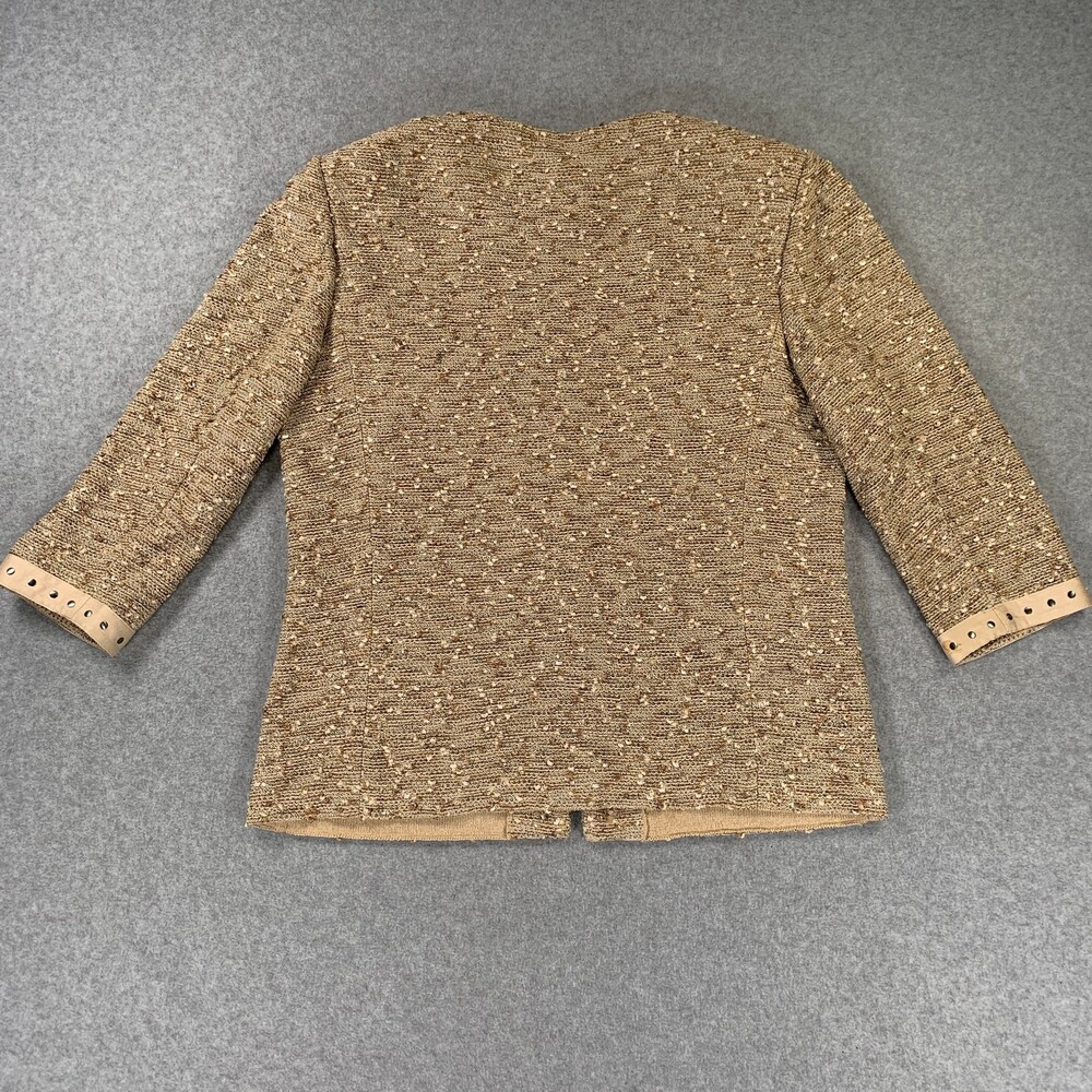 St. John Collection Blazer Jacket Gold Tan Boucle Knit Leather Trim Zip Size 8 - Picture 10 of 12